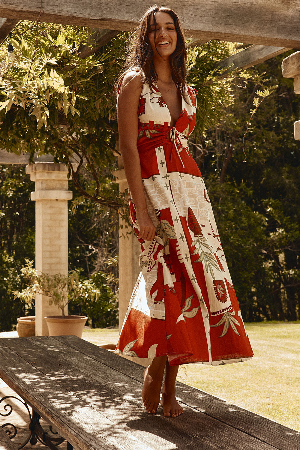 palma midi dress Red Palma Vista Print V Neck Maxi Mira Dress – SABO