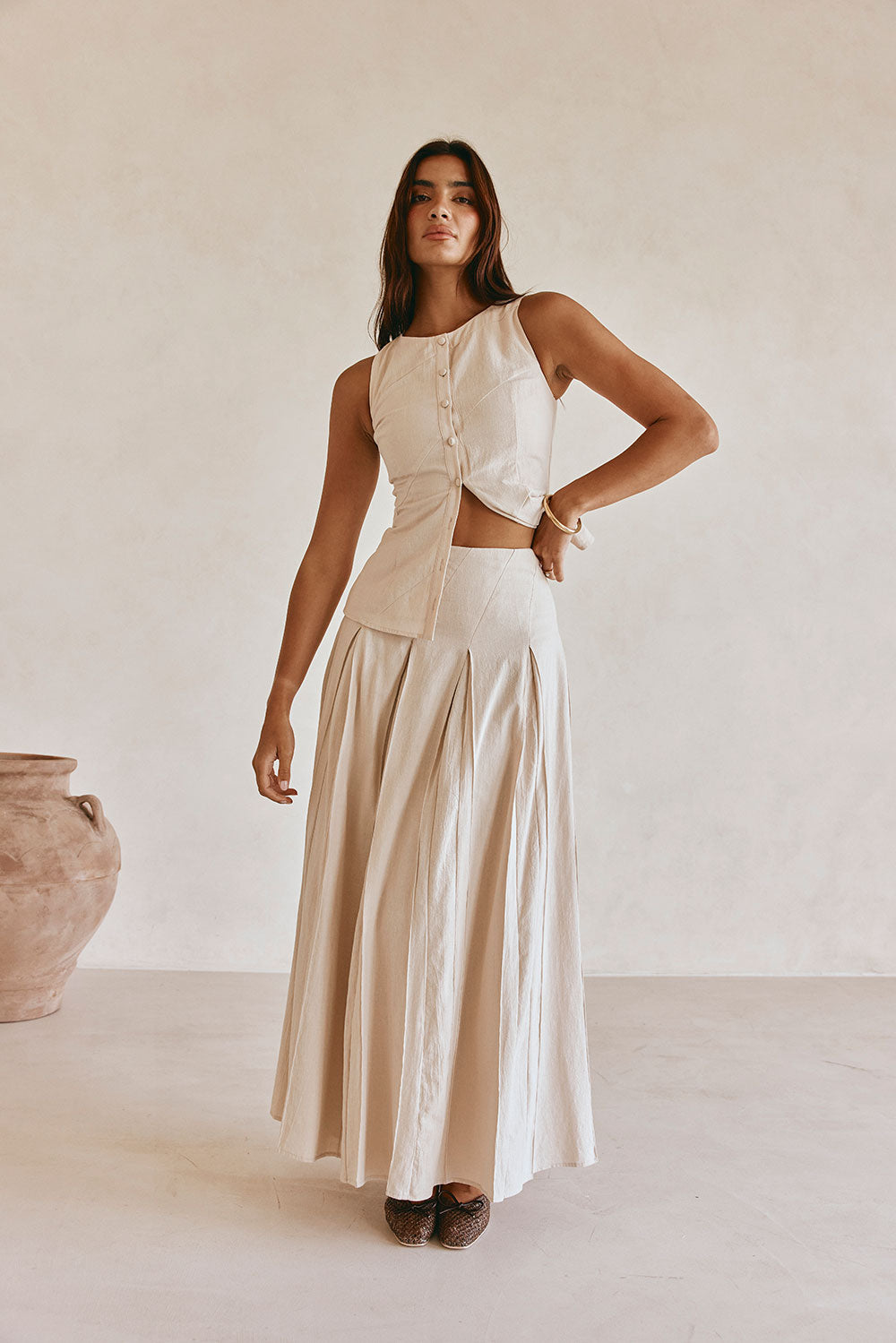 Beige Cotton A Line Pleated Maxi Adri Skirt – SABO