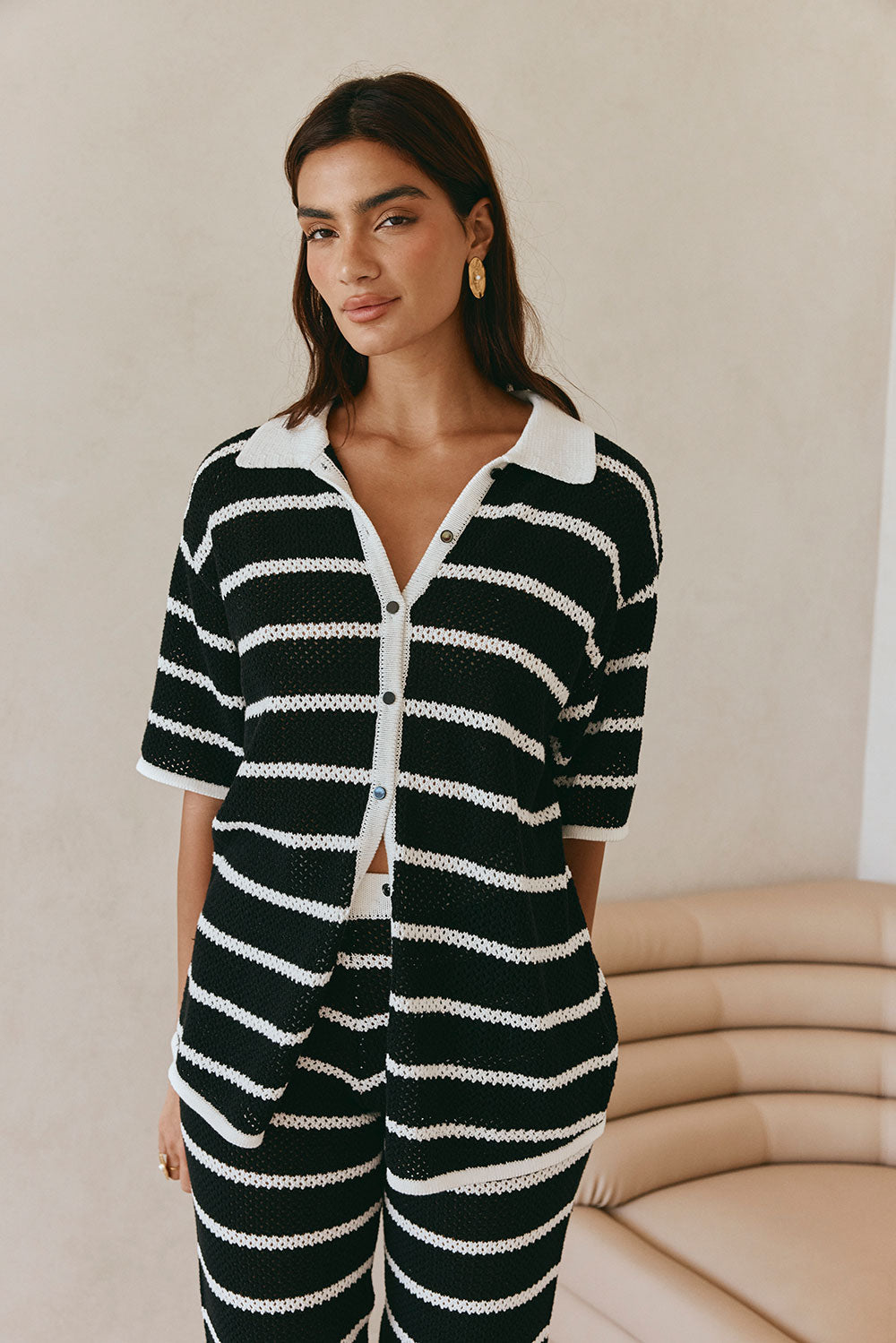 Black And White Stripe Knit Button Up Collar Mia Top – SABO