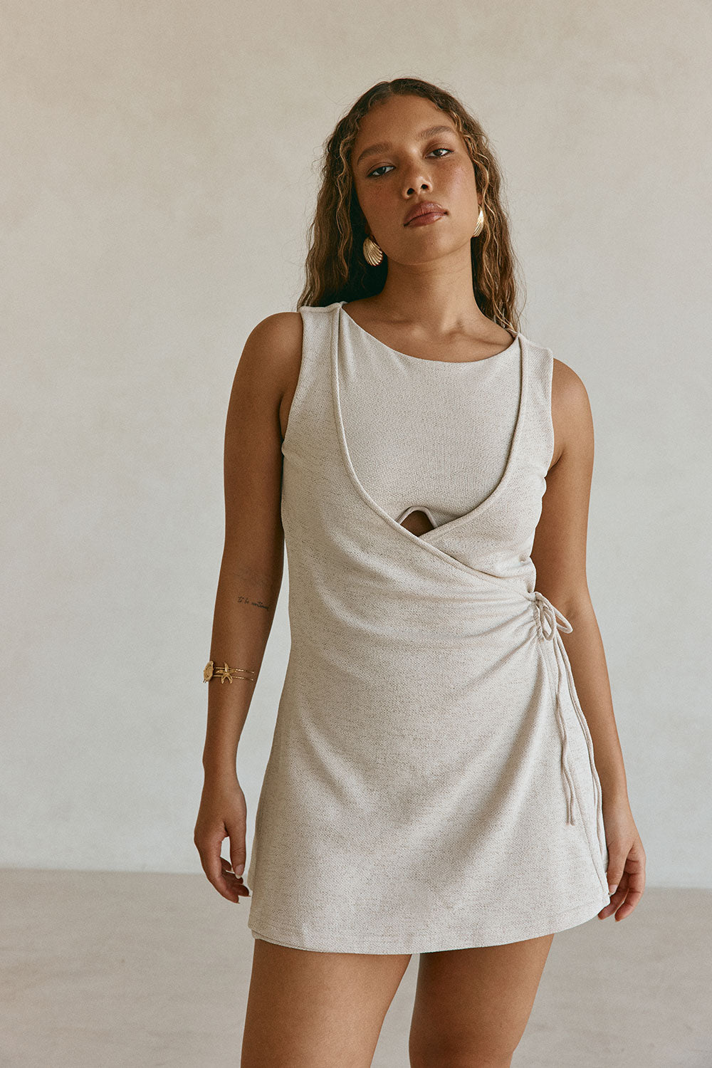kiana mini dress Beige Wrap Mini Kiana Dress – SABO