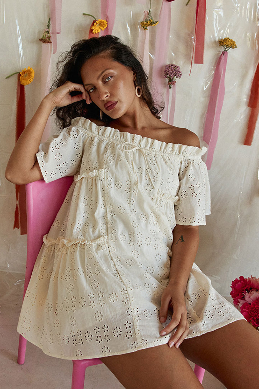 Cream Broderie Off Shoulder Mini Bexley Dress – SABO
