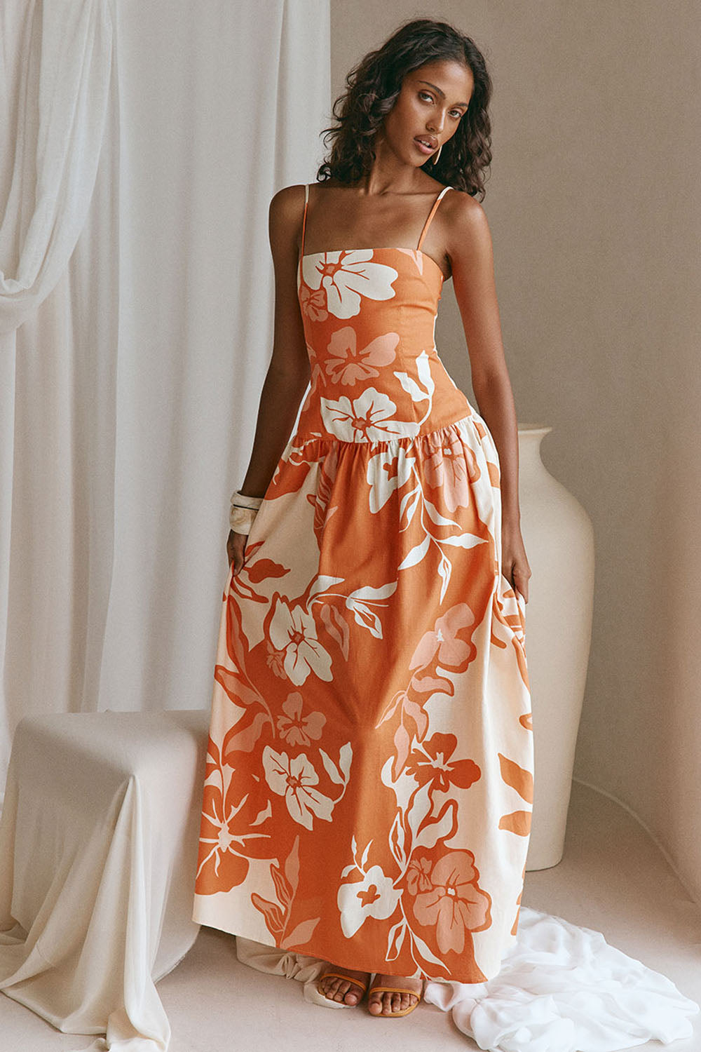 Orange Sunset Botanica Floral Print Linen Maxi Samia Dress – SABO