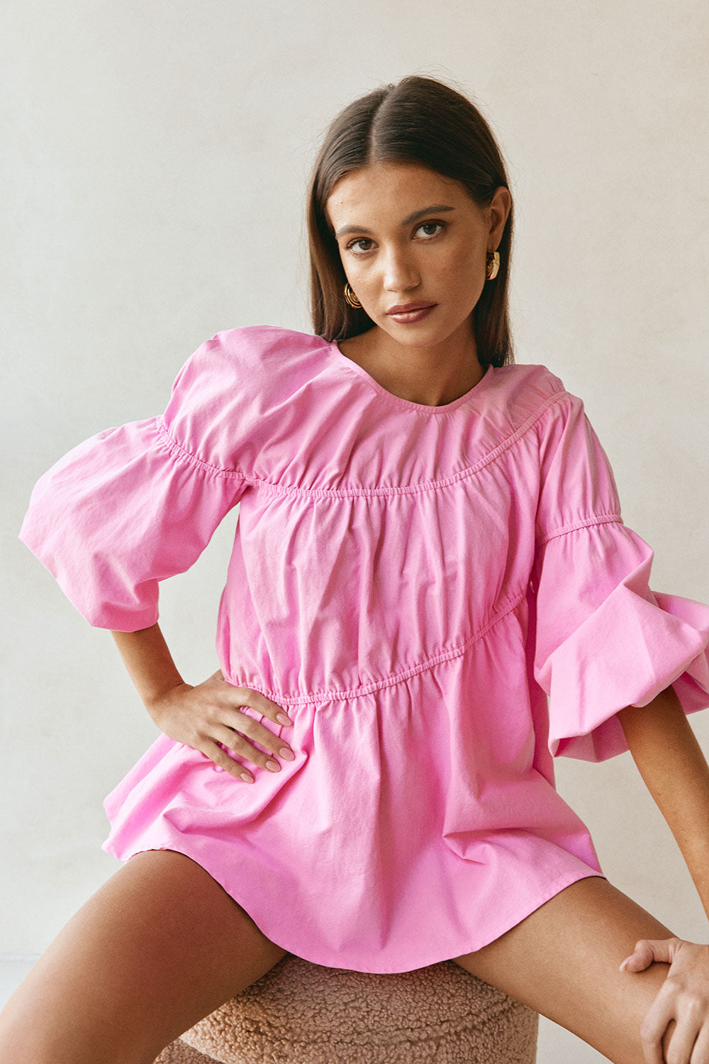 Pink Ruched Puff Sleeve Akel Top – SABO
