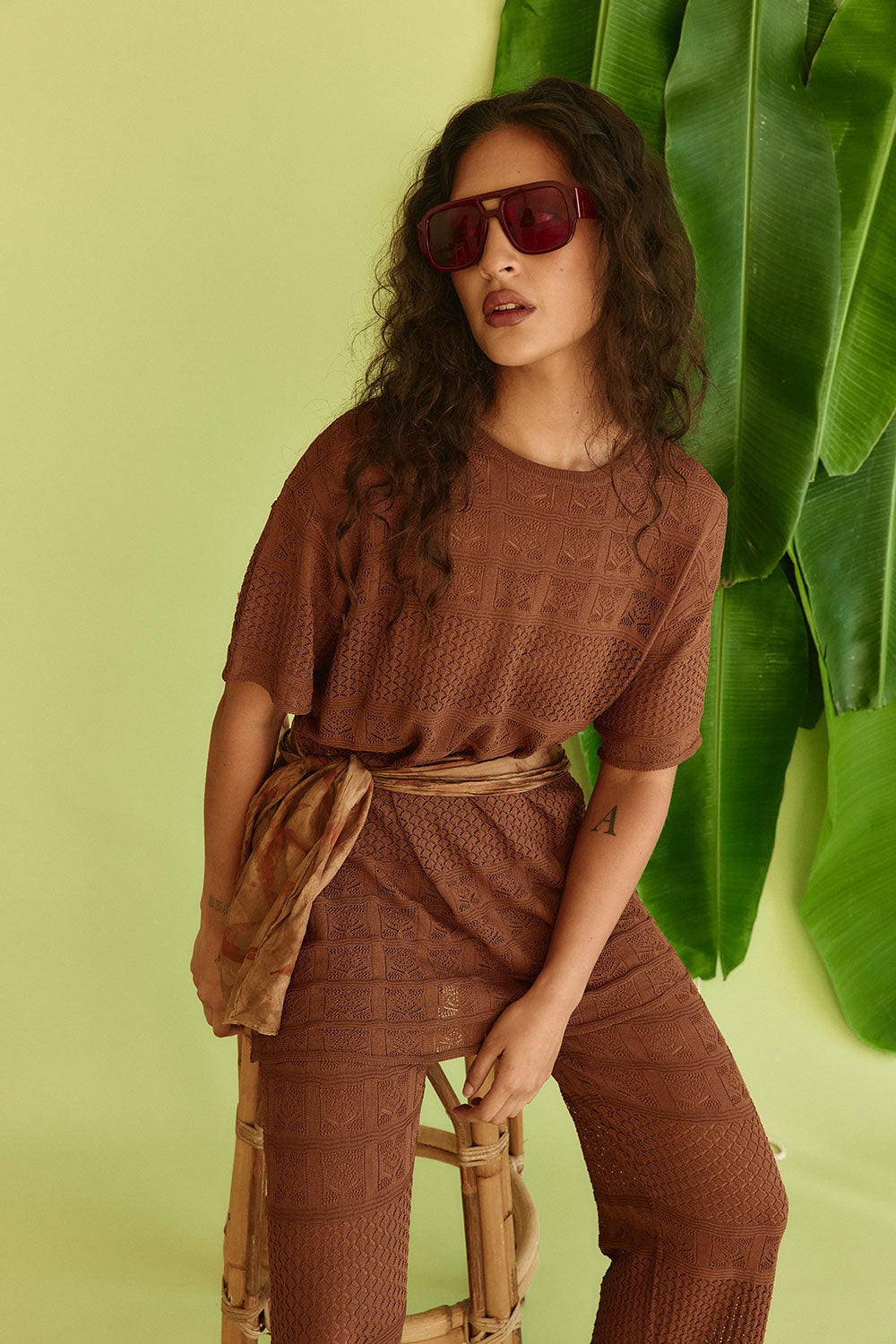 Chocolate Brown Crochet Knit Boxy Nixie T Shirt Top – SABO