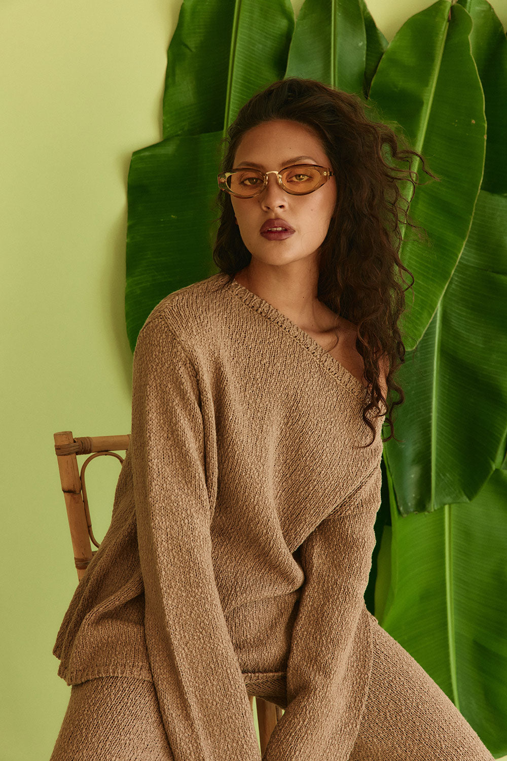 Brown Cotton Knit Long Sleeve Off Shoulder Kora Top – SABO