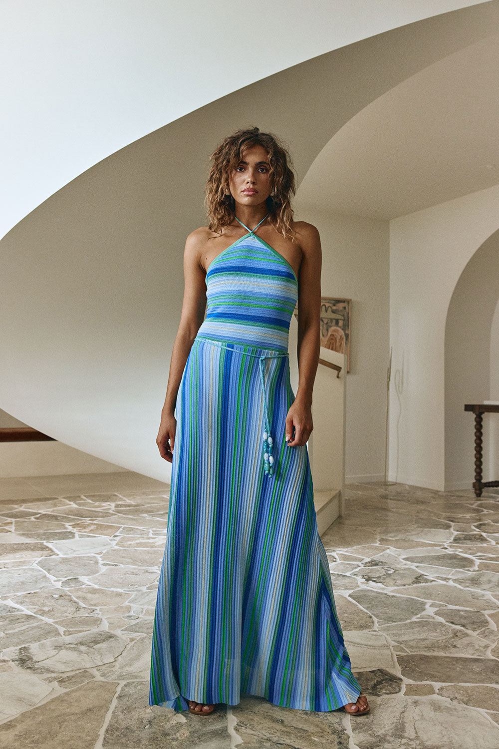 blue and green striped maxi dress Stripe Ribbed Knit Halter Karmela – SABO cowlback