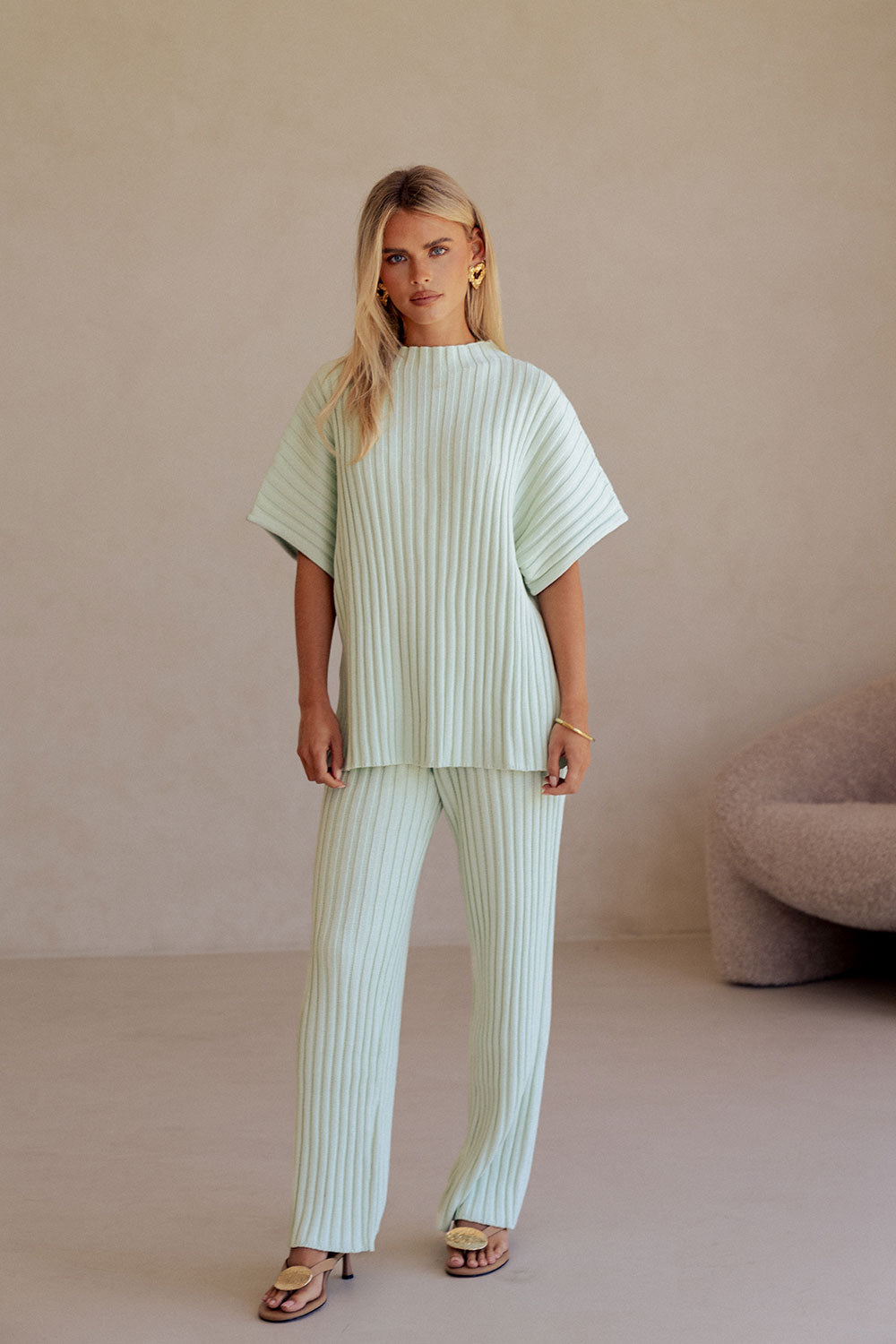 Mint Green Ribbed Knit Short Sleeve Celine Top – SABO