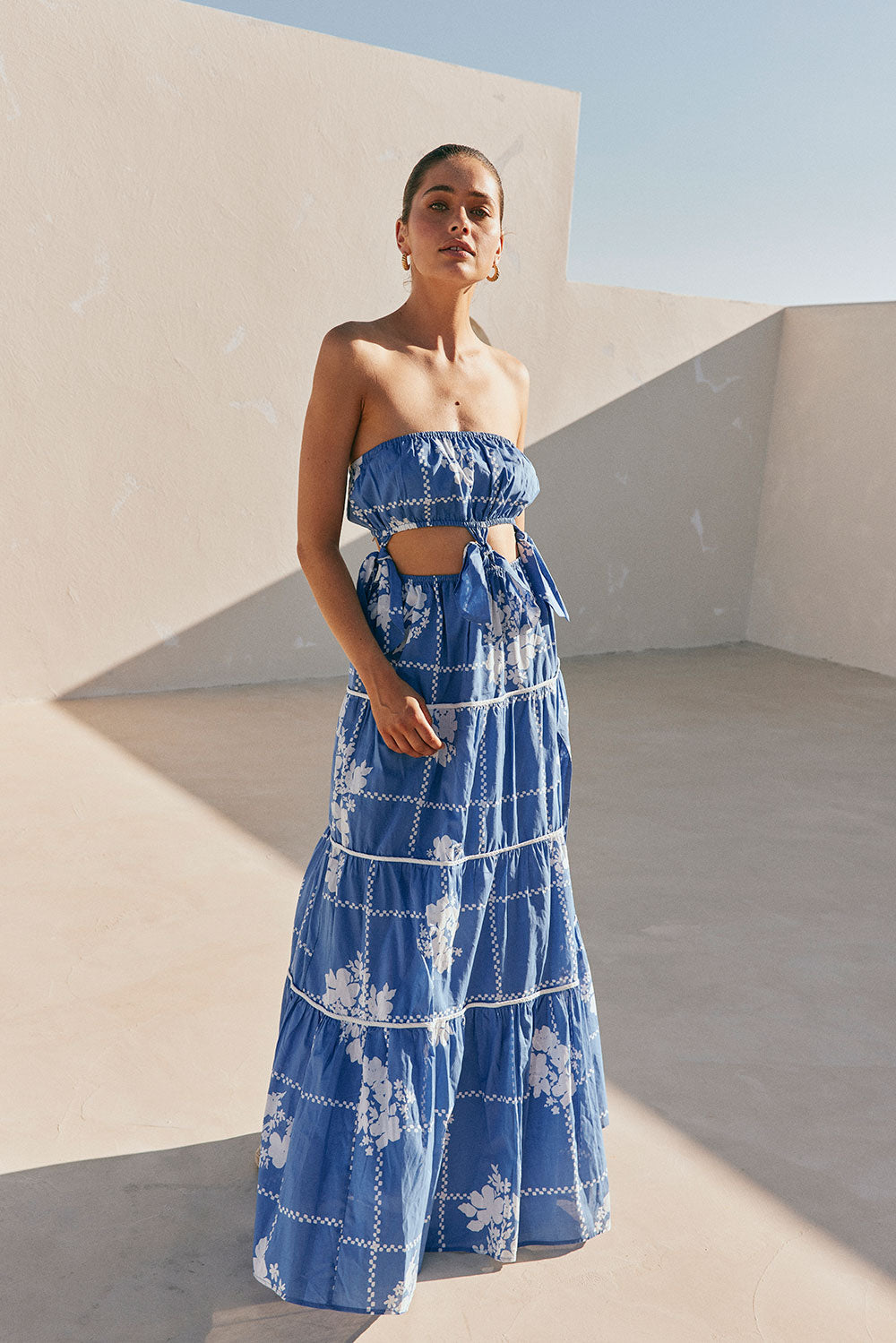 Lili Strapless Cutout Tie Maxi Dress - Postcard, Blue & White Check Flowers SABO Lili Strapless Cutout Tie Maxi Dress - Postcard, Blue & White Check Flowers SABO