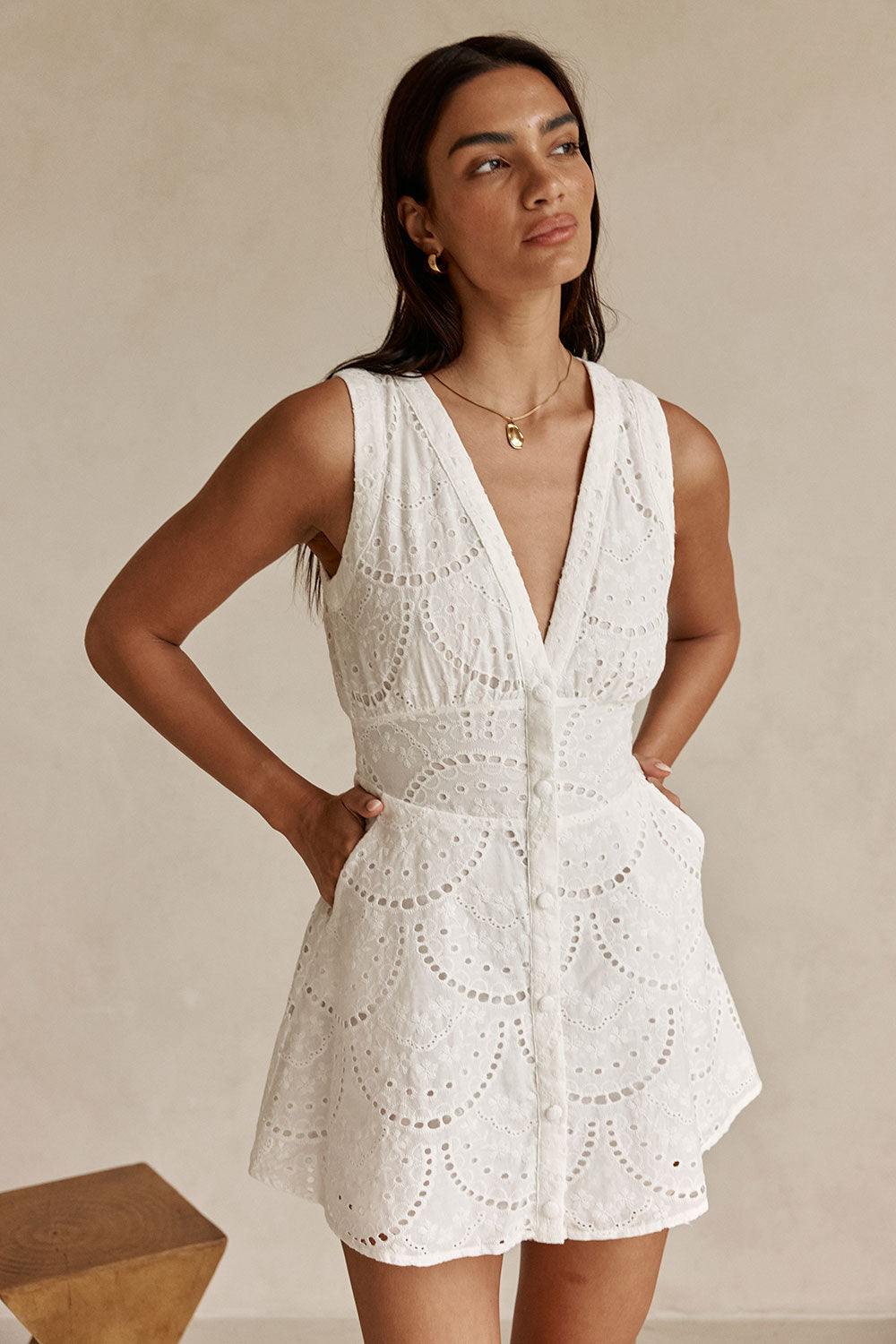knee length dresses for ladies White Broderie Button Down Mini Shaelagh Dress – SABO main image 0