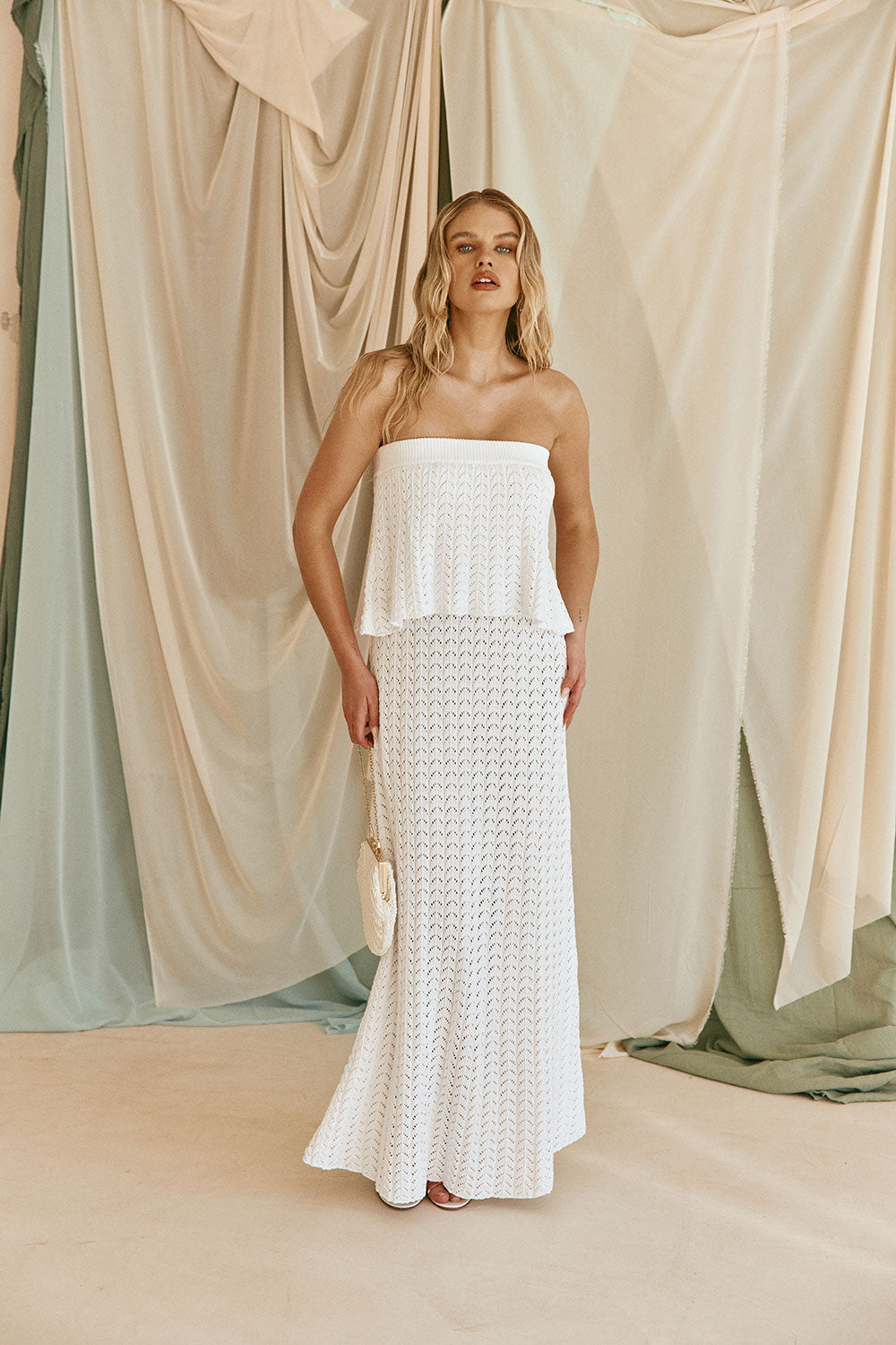 white crochet maxi dress White Vintage Crochet Knit Strapless Maxi Maria Dress – SABO