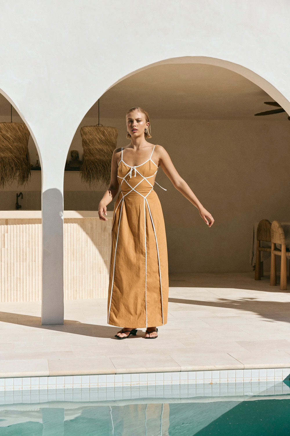 flouncy maxi dress Tan Panel Flouncy Maxi Avala Dress – SABO