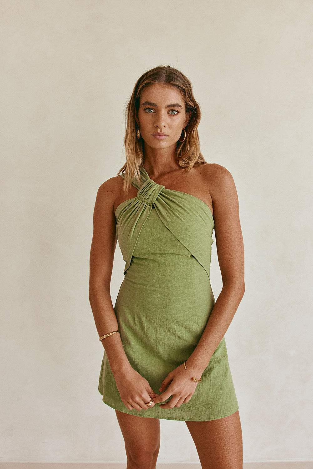 Green One Shoulder Cutout Mini Knot Dimmi Dress SABO Green One Shoulder Cutout Mini Knot Dimmi Dress SABO