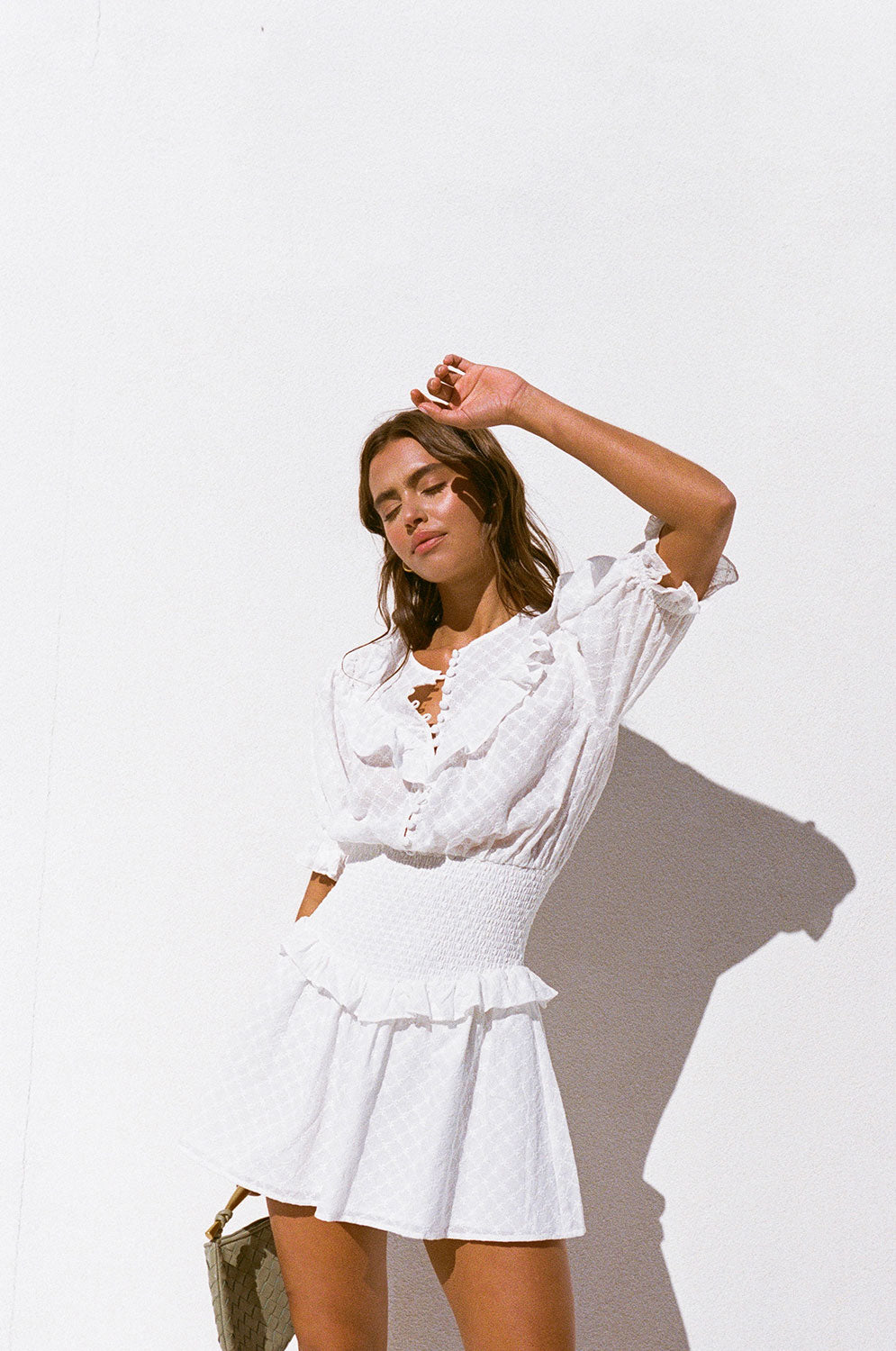 white shirred mini dress Zoelle Shirred Mini Dress