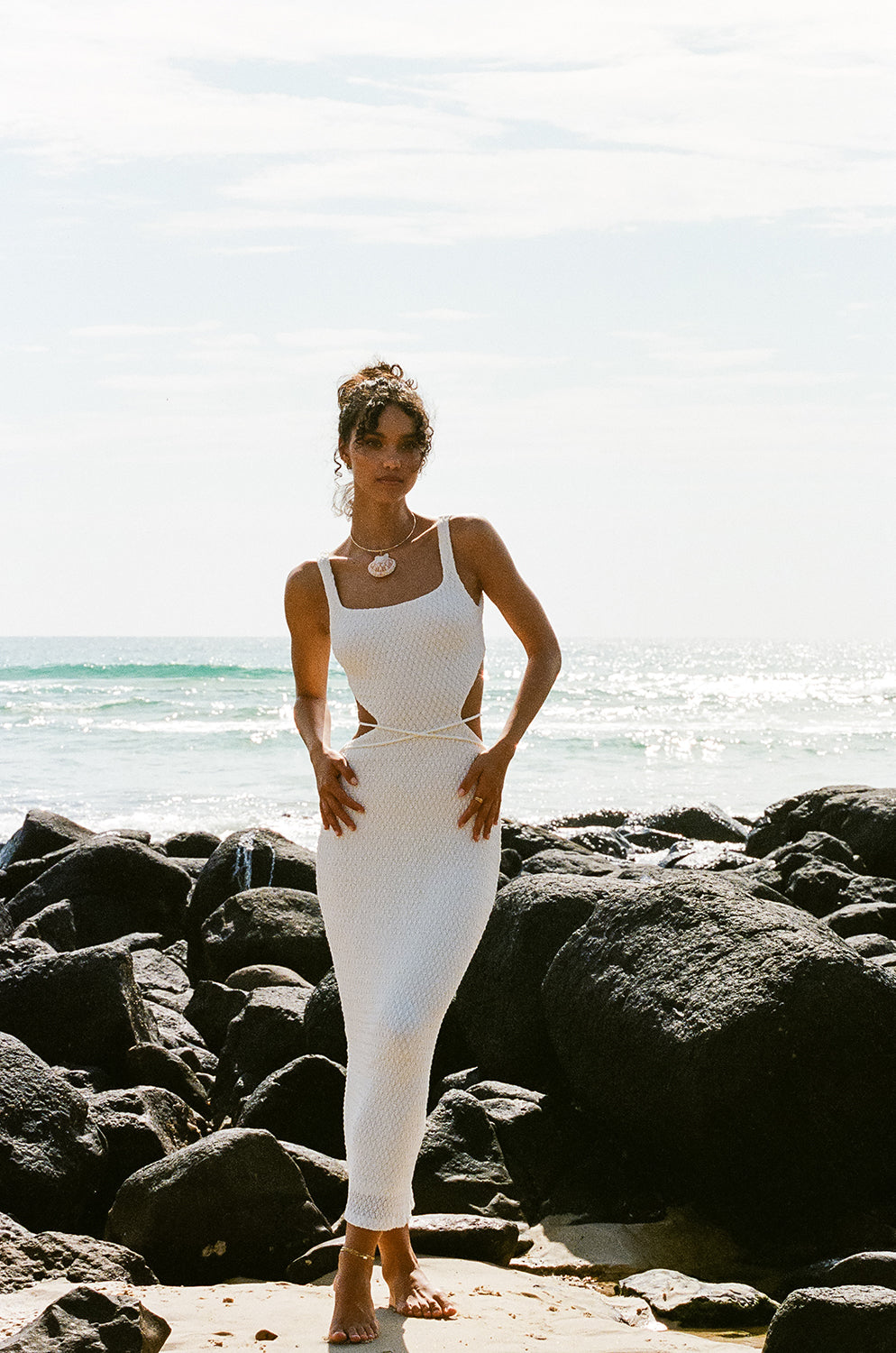knee length dresses for ladies Amandine White Open-Back Cap-Sleeve Midi Dress S / White main image 1