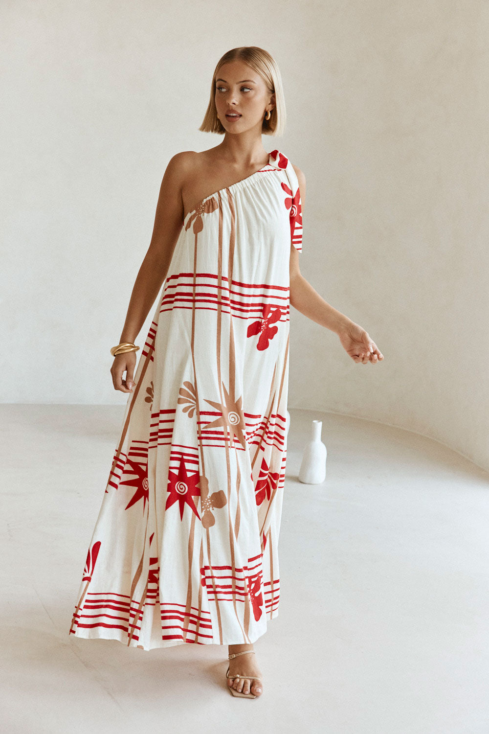 Cream Moana Red Print One Shoulder Maxi Avani Dress – SABO