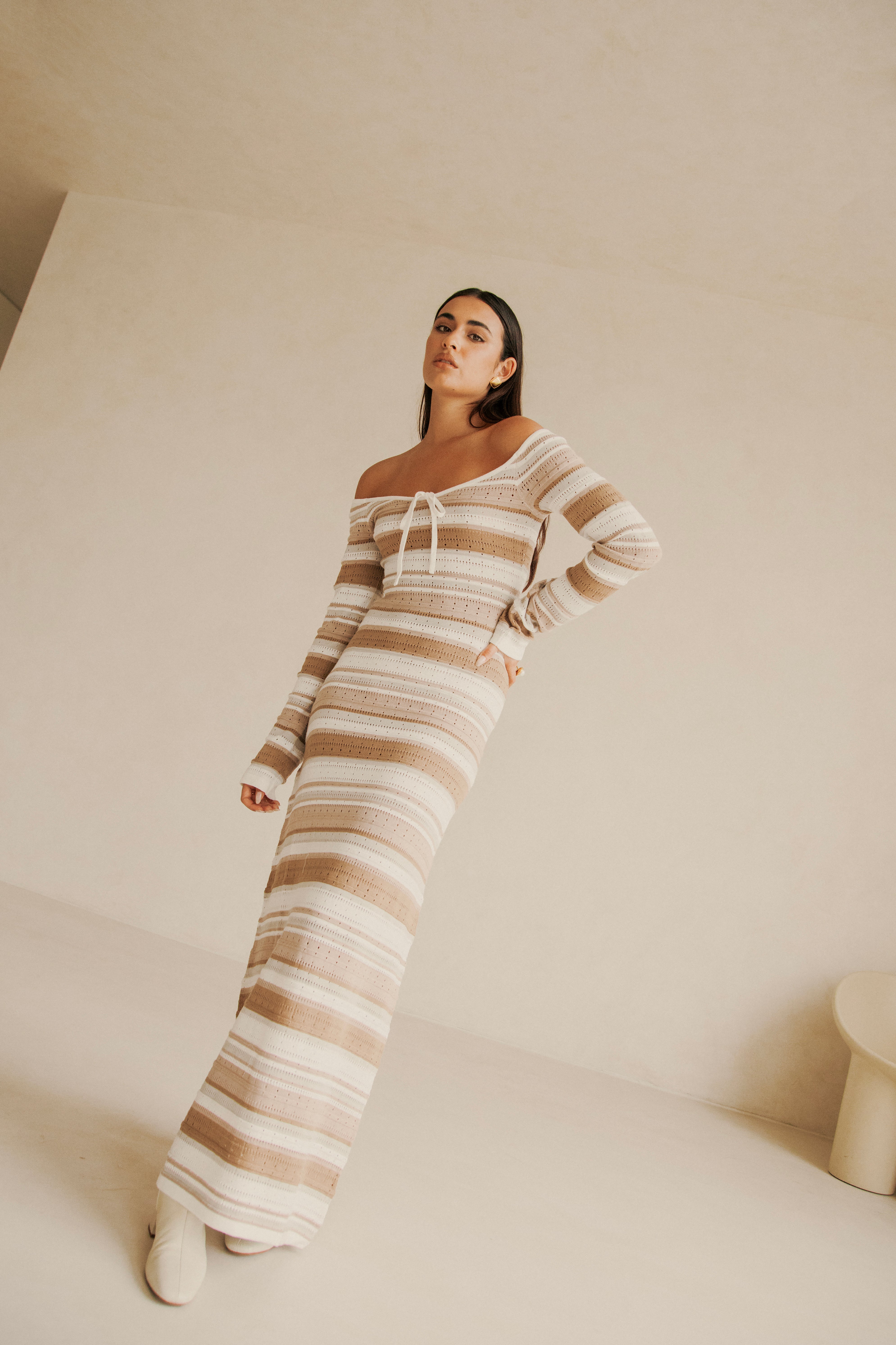 Tameeka Knit Maxi Dress - Stripe White Brown Grey – SABO