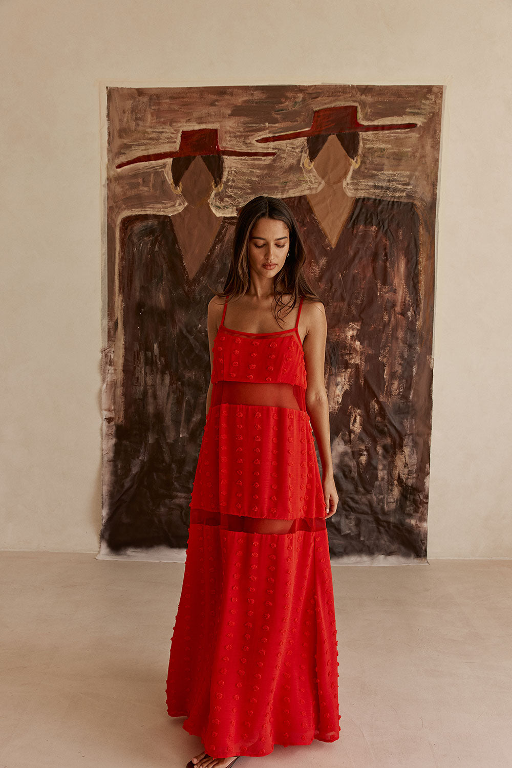 red mesh panel dress Red Polka Dot Panel Maxi Tassia Dress – SABO