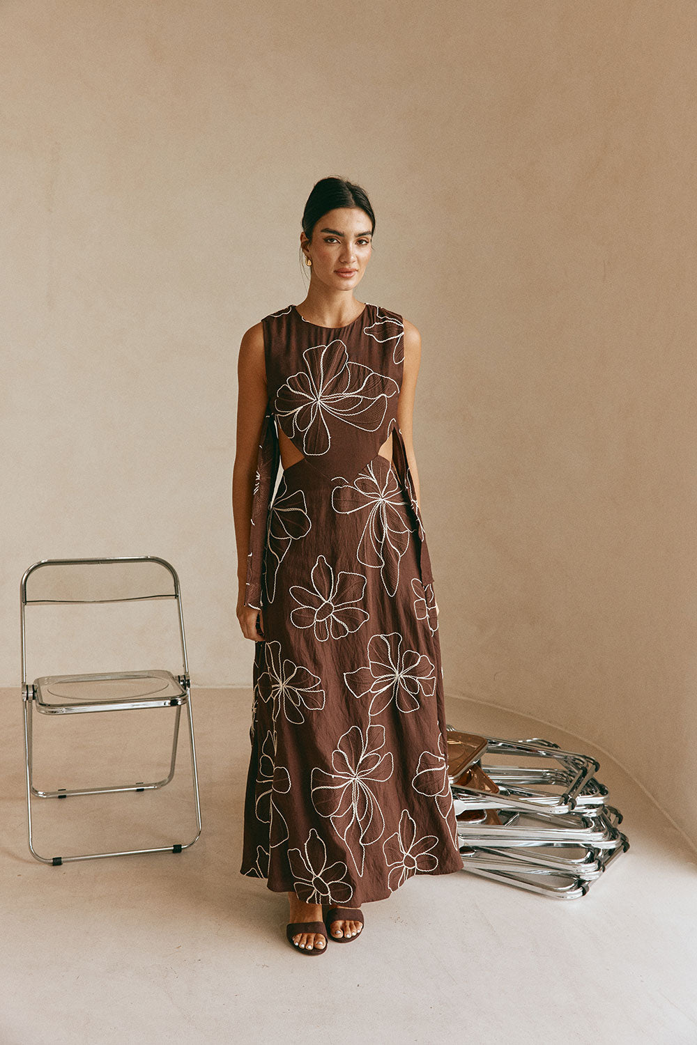 Chocolate Brown Floral Embroidered Maxi Aurelia Dress – SABO