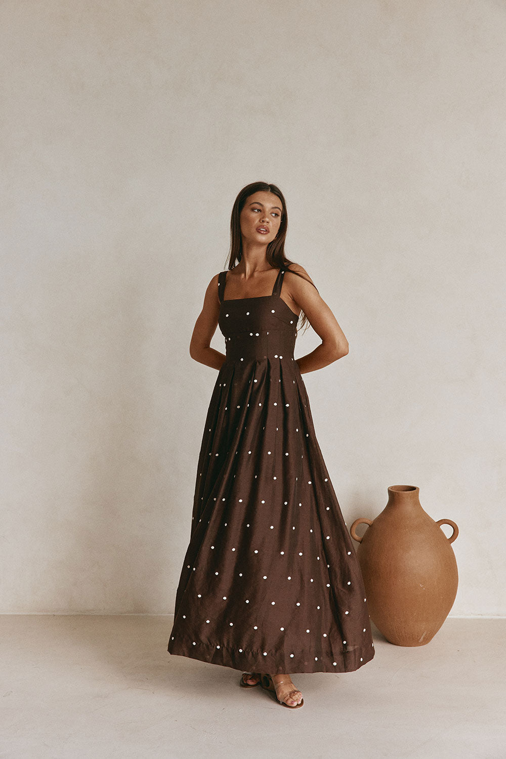 Chocolate Speck Polka Dot Pin Tuck Maxi Flores Dress – SABO