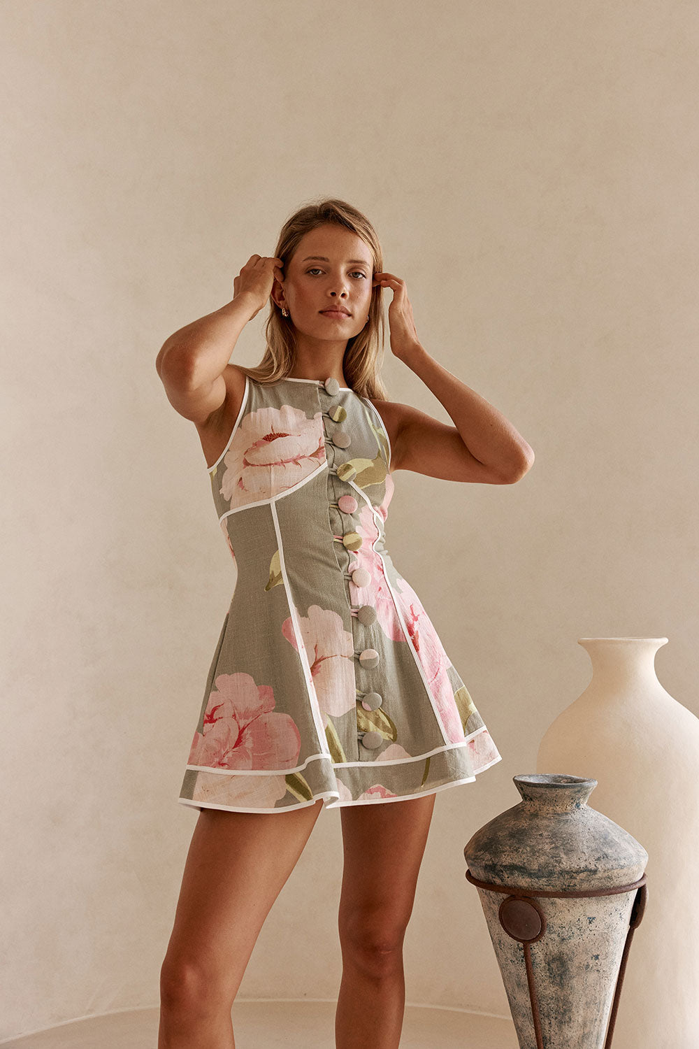 Fiori Green Floral Print Button Mini Amora Dress – SABO