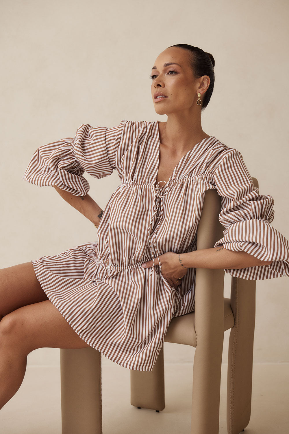Naloo Long Sleeve Tie Mini Dress - Brown, White Stripe  SABO