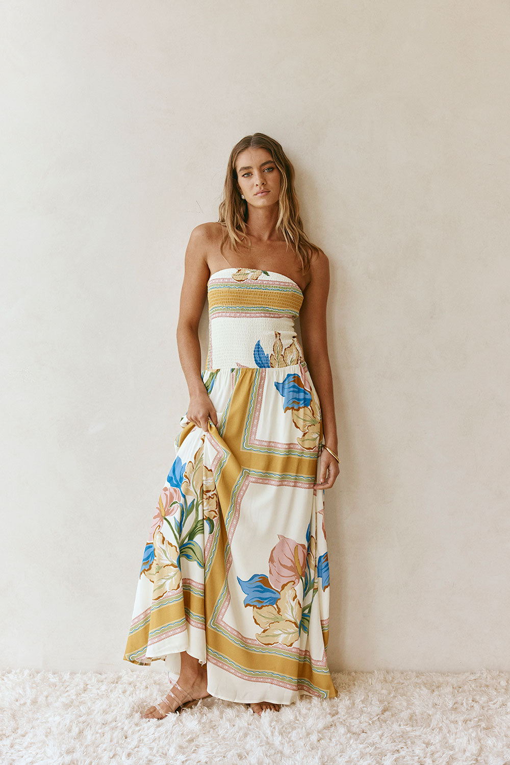 sabo skirt maxi dress White and Yellow Botanique Strapless Maxi Fia Dress – SABO