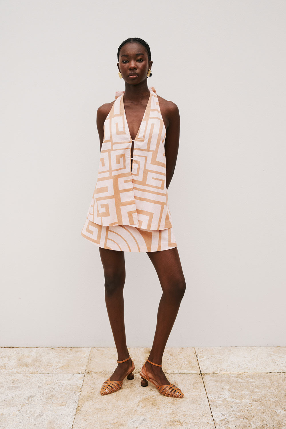 Pink Hellenic Maze Backless V-Neck Halter Mini Alora Dress  SABO