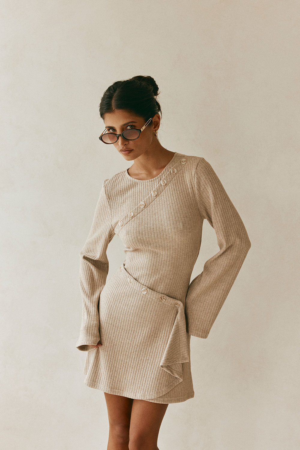 Tan Ribbed Long Sleeve Button Mini Alexia Dress SABO Tan Ribbed Long Sleeve Button Mini Alexia Dress SABO
