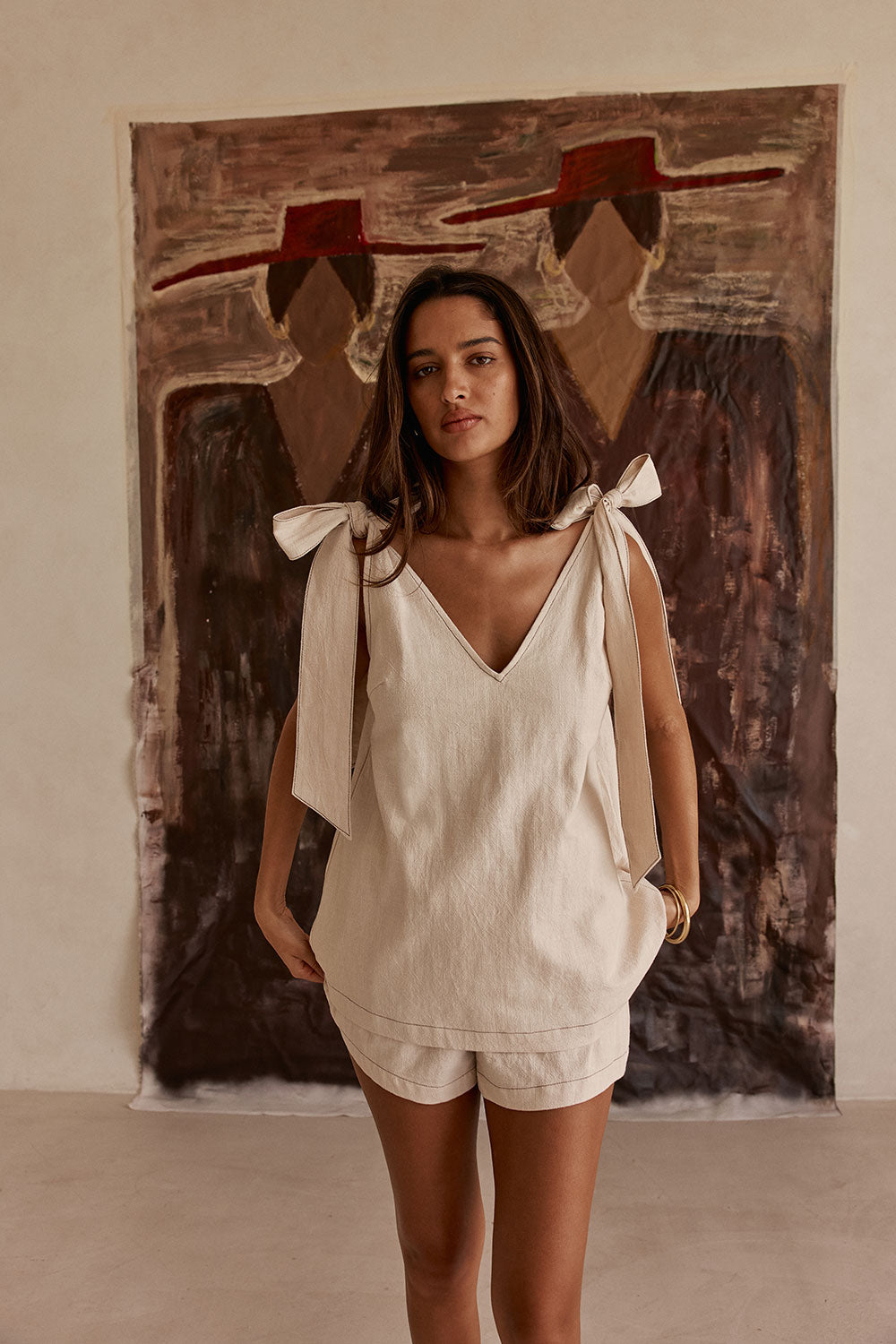 Cream V Neck Bow Elixir Dress SABO Cream V Neck Bow Elixir Dress SABO