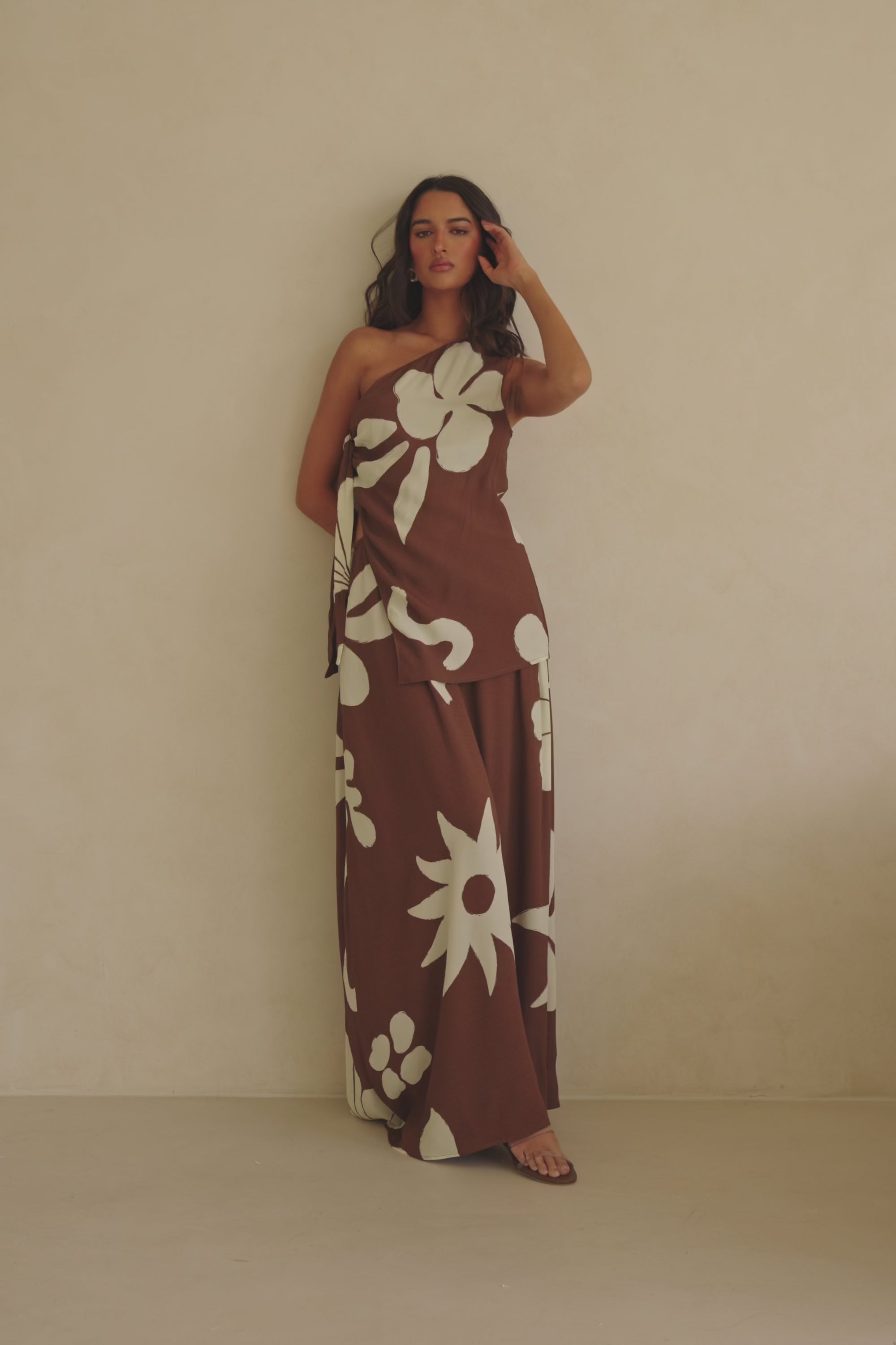 Lessi One Shoulder Tie Maxi Dress - Galene Brown Print  SABO