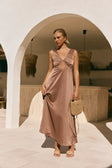 Brown  V Neck Cut Out Lace Maxi Dynasty Dress