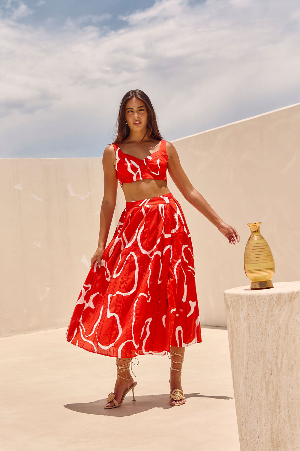 Evoke Red Wrap Pleated Split Midi Dien Wrap Skirt