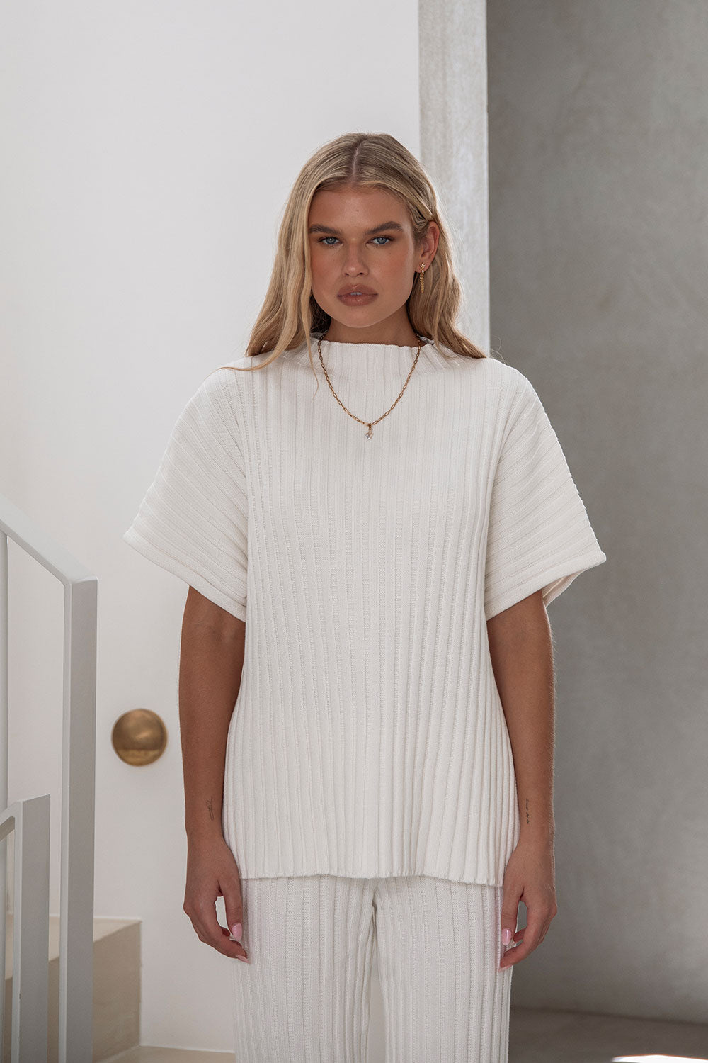 Celine Ribbed Knit Top - White