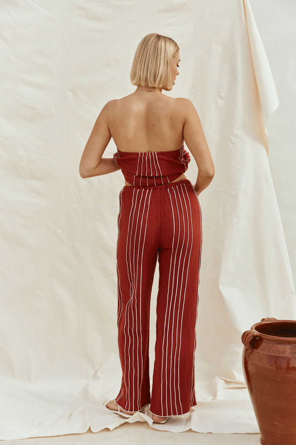 Merlot Red Cotton Elastic Drawstring Emilia Pants