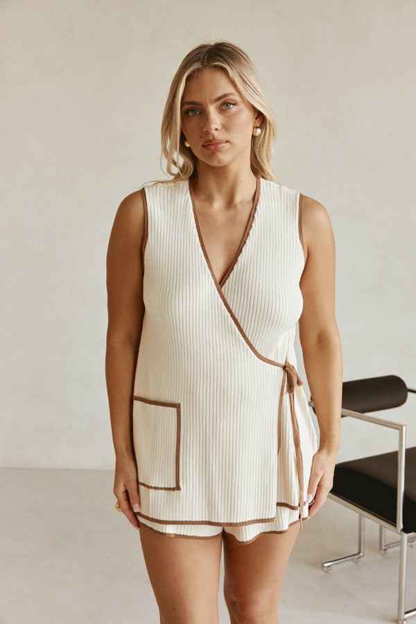 Cream Ribbed V Neck Wrap Longline Jaxon Top