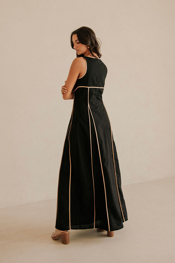 Black V Neck Tie Maxi Maylin Dress
