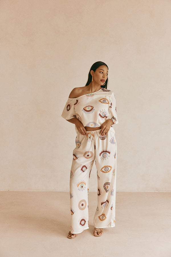 Cream Matia Print Elastic Drawstring Grace Pants