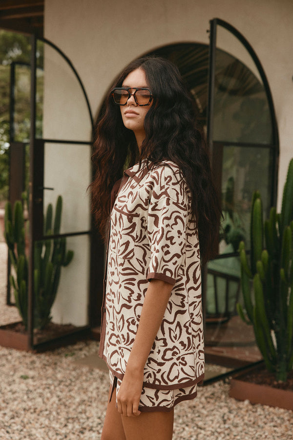 Cream And Brown Floral Button Up Collar Sarai Top