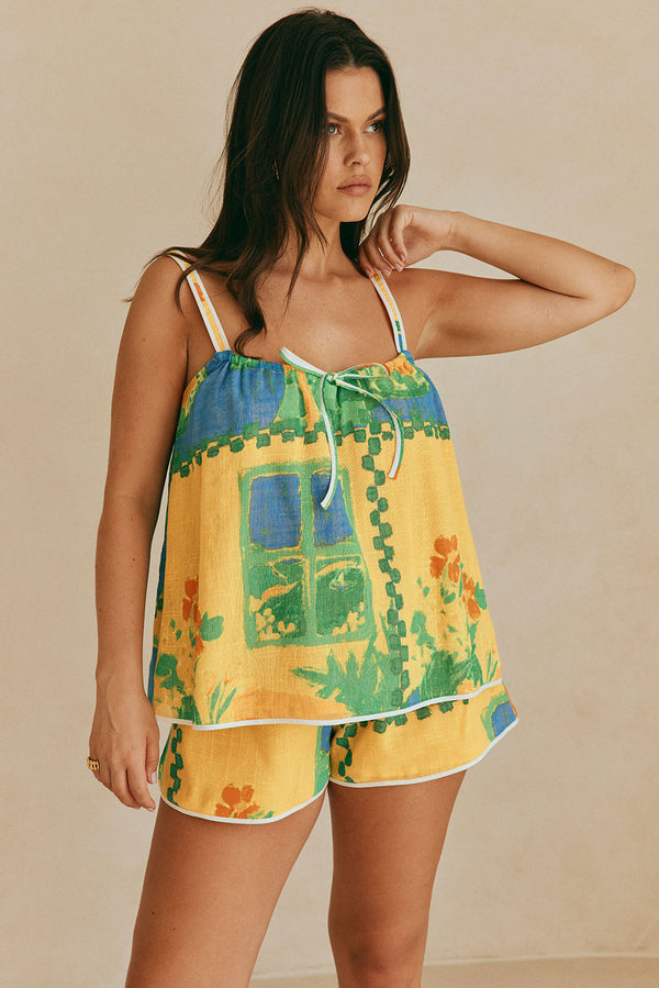 Jetta Front Tie Shorts -Green, Blue & Orange Morning Yellow Print
