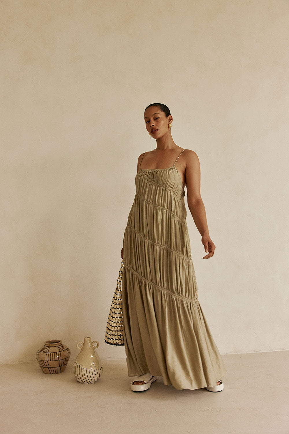 Khaki Taupe Green Ruched Maxi Daysia Dress