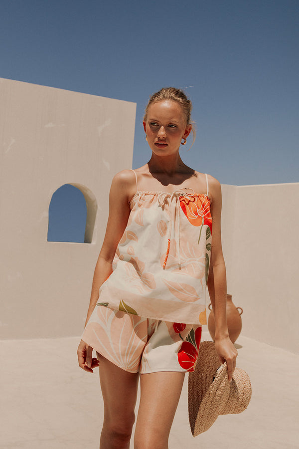 Jetta Tie Shorts - Petal Scarf Pink, White, Orange