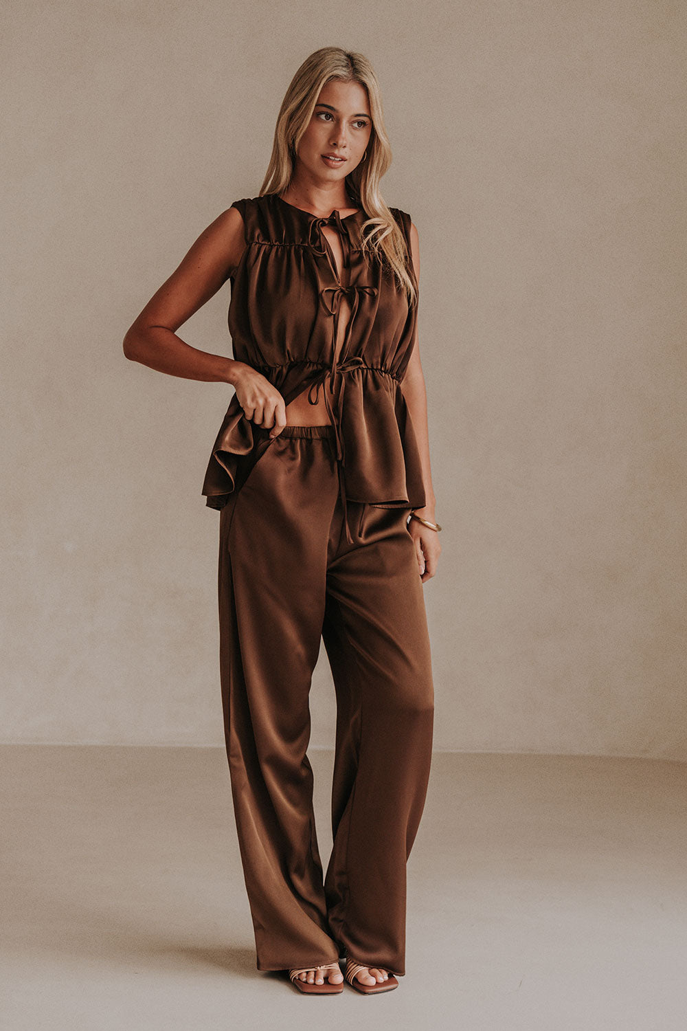 Brown Elastic Drawstring Pocket Juliette Pants