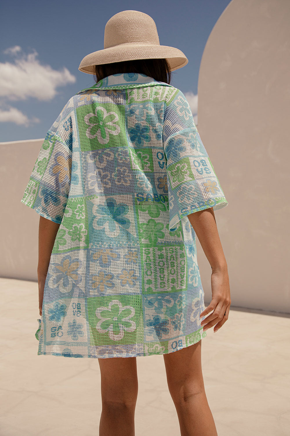 Izzy Short Sleeve Button Up Mini Dress - Verano Floral, Postcard, Blue, Green, White, Yellow