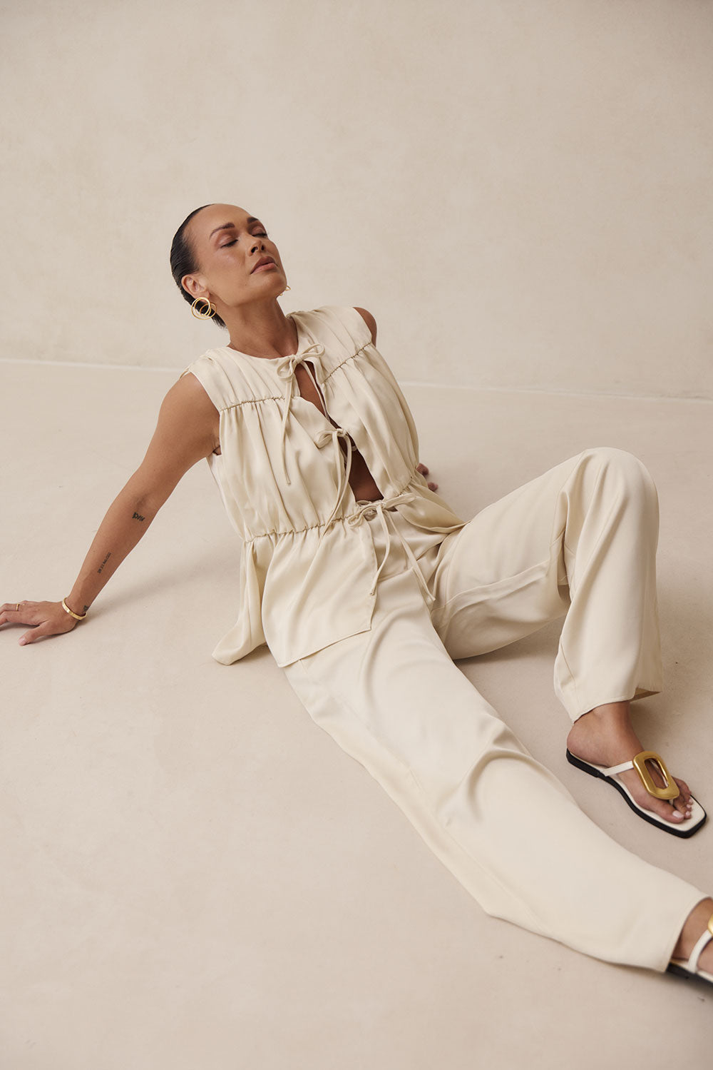 Beige Elastic Drawstring Pocket Juliette Pants