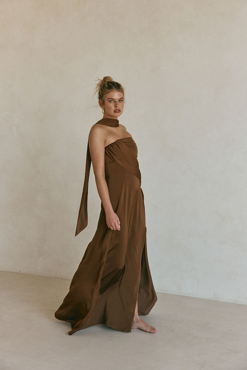 Chocolate Brown Silky Strapless Maxi Eclair Dress