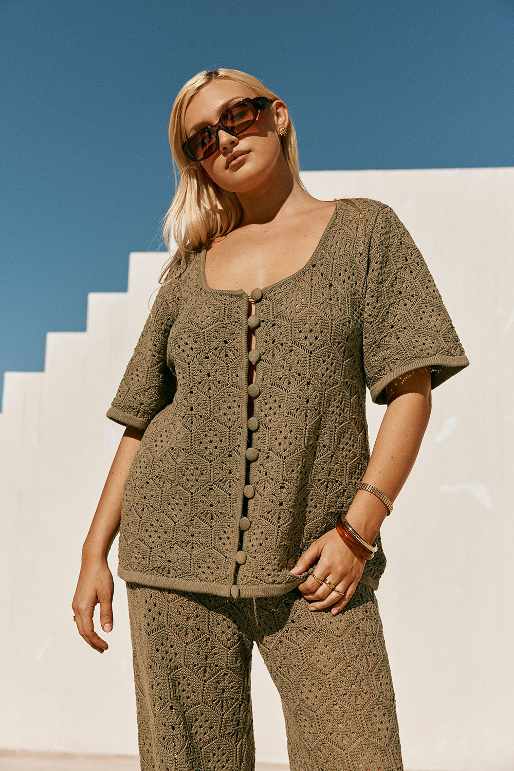 Khaki Green Crochet Knit Button Up Umiko Top