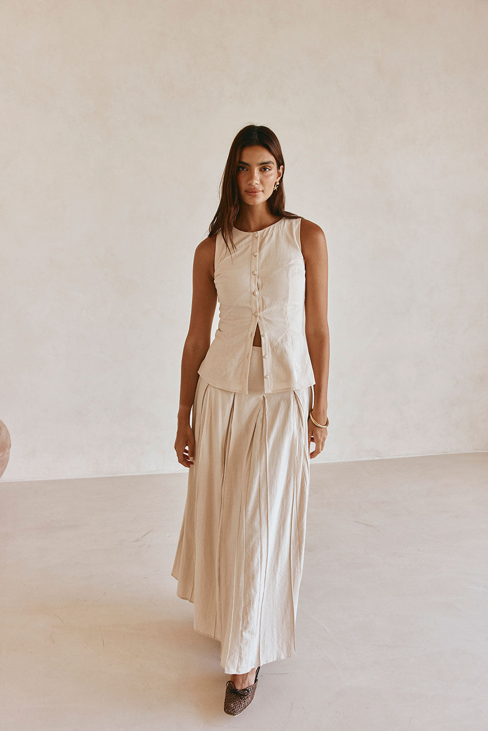 Beige Cotton A Line Pleated Maxi Adri Skirt