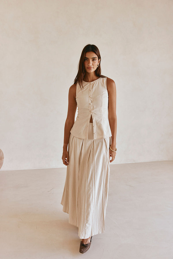 Beige Cotton A Line Pleated Maxi Adri Skirt