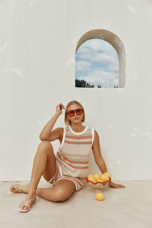 Tan and Cream Stripe Crochet Elastic Kiama Shorts