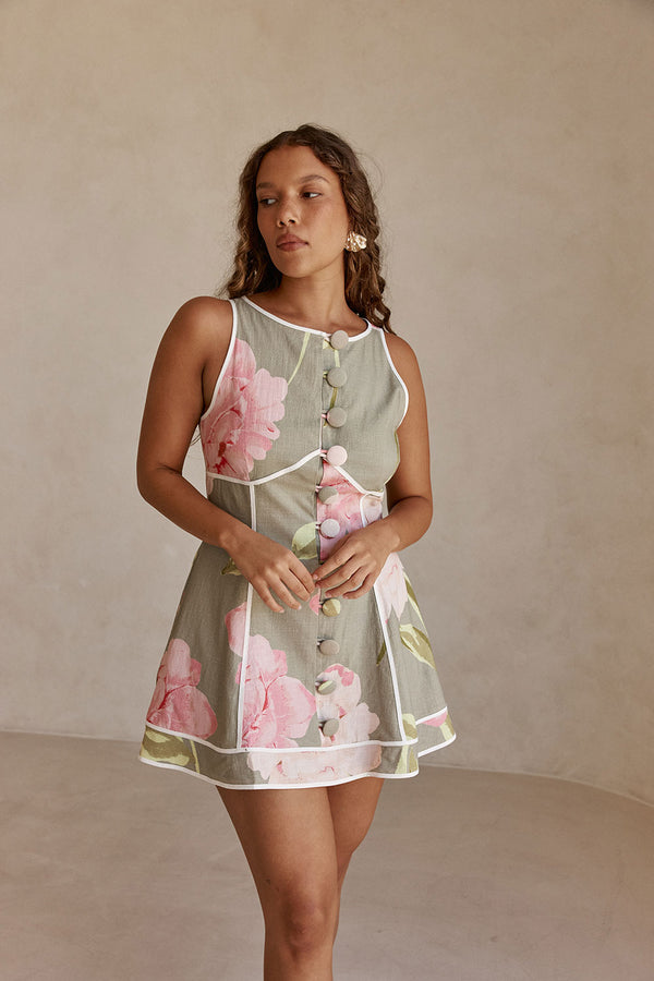 Fiori Green Floral Print Button Mini Amora Dress
